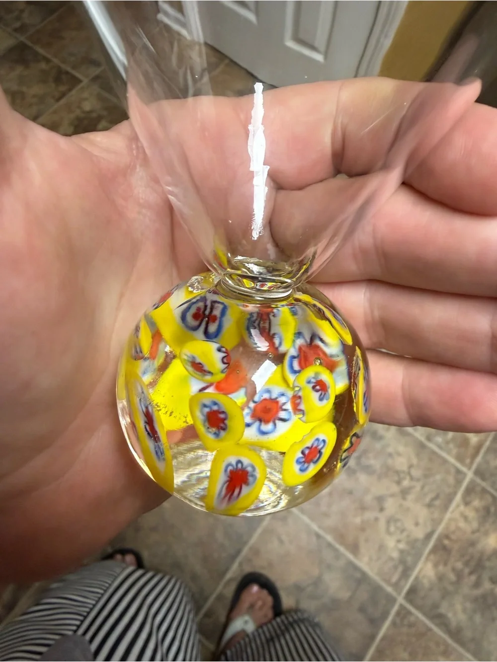 Vintage Hand-Blown Millefiori Art Glass Martini Glasses Yellow Orb Stem Set of 2